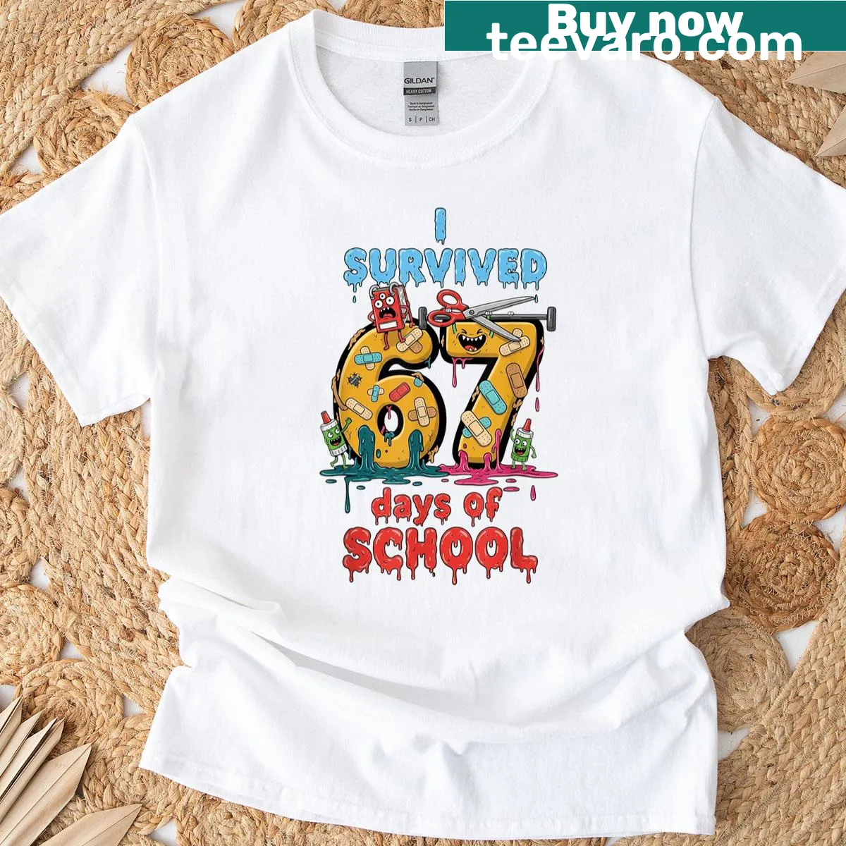 Funny t-shirt about surviving school with a monster graphic — on a men's t-shirt