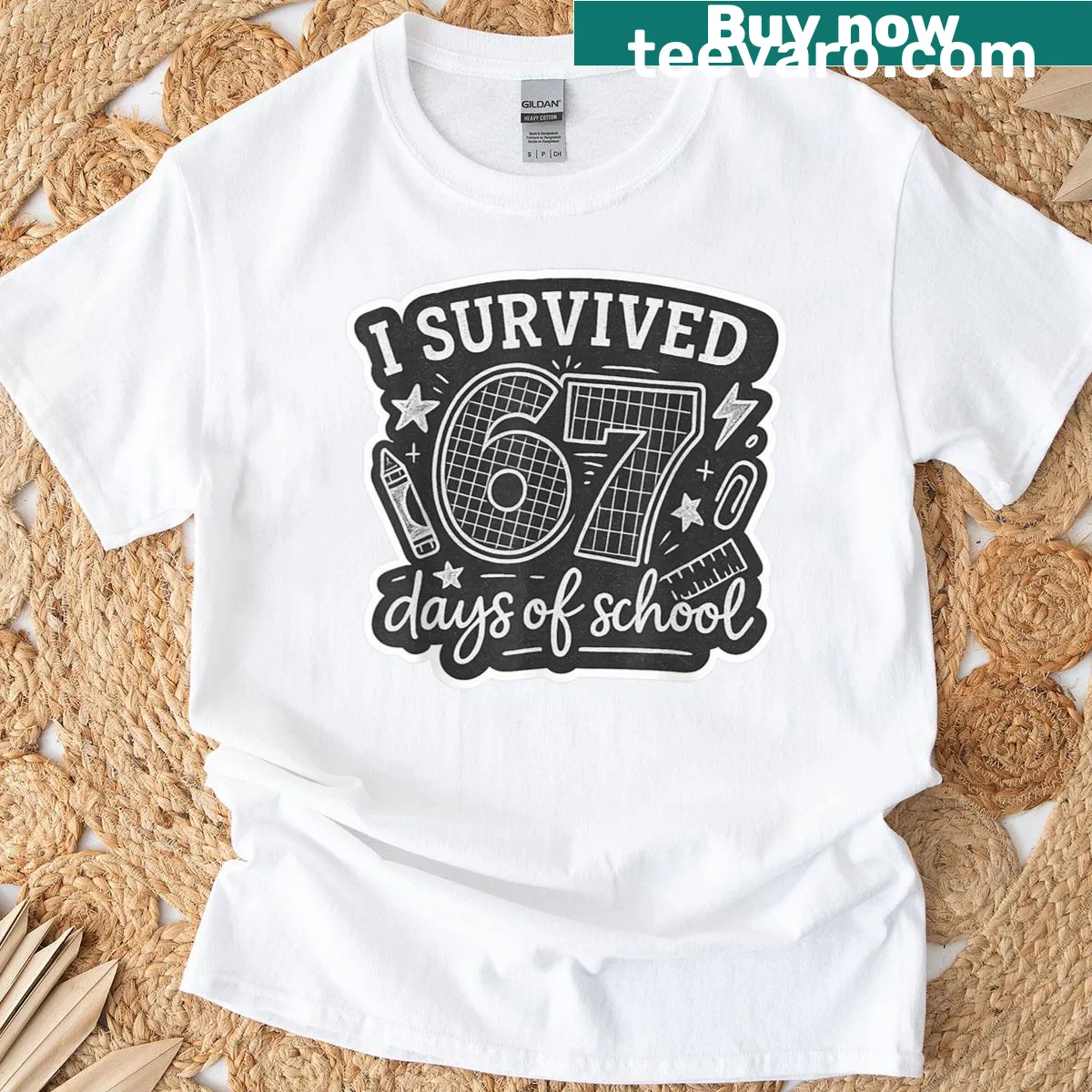 T-shirt declaring 'I Survived 67 Days Of School' with bold text design. — on a men's t-shirt