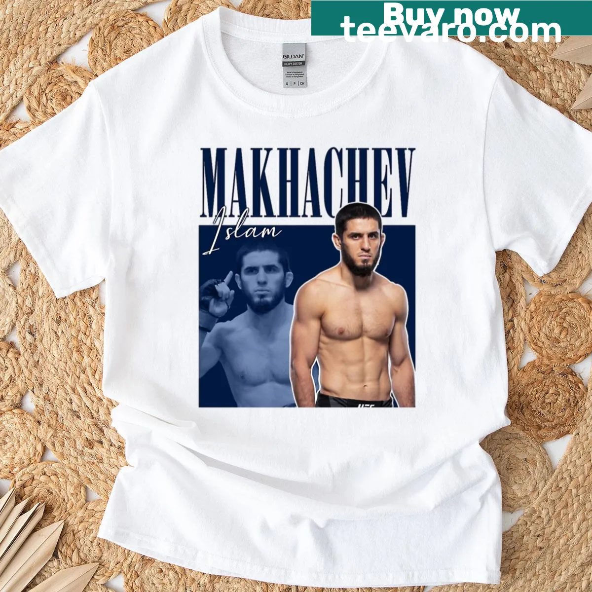 Vintage-style T-shirt featuring Islam Makhachev graphic — on a men's t-shirt