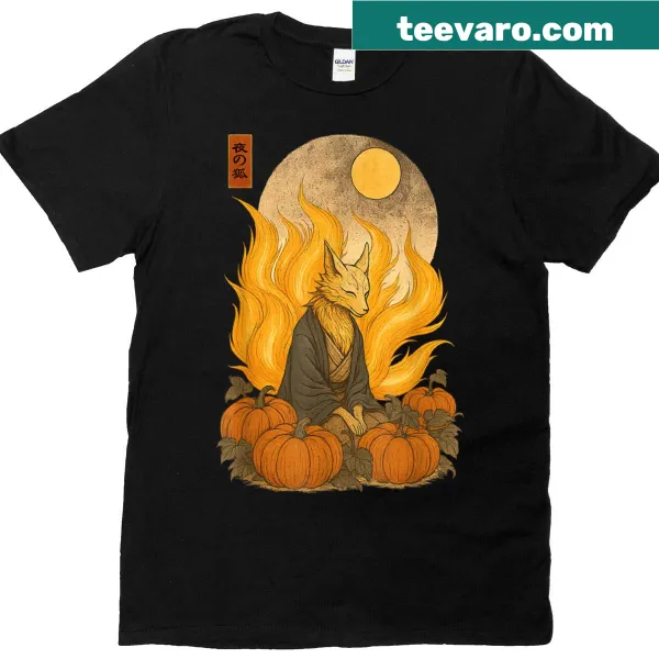Vintage Ukiyo-e t-shirt featuring a Kitsune warrior with pumpkins