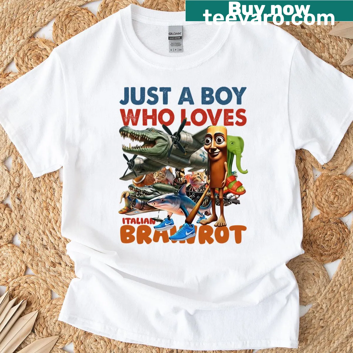 Funny T-shirt with 'Just A Boy Who Loves Italian' meme text — on a men's t-shirt