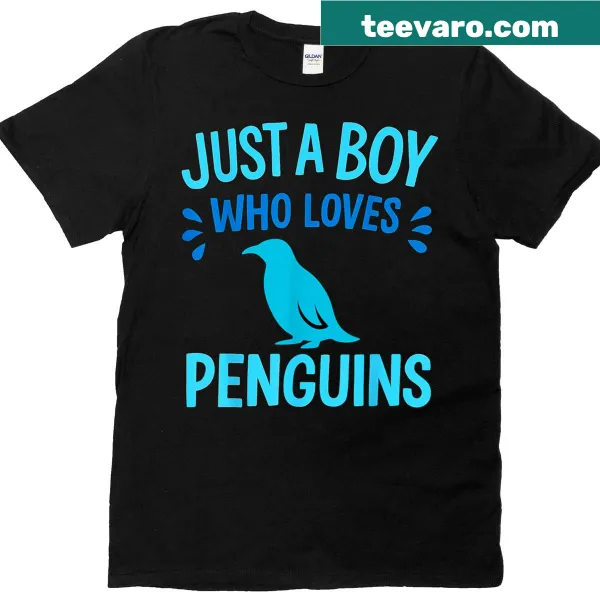 Boy surrounded by playful penguins illustration on T-shirt