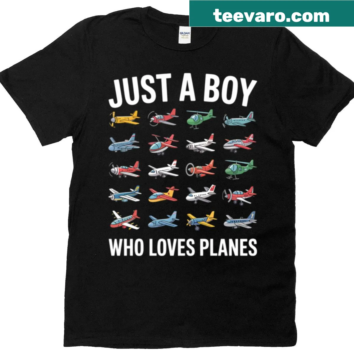 Cartoon T-shirt featuring a boy's love for planes with cheerful graphics — on a men's t-shirt