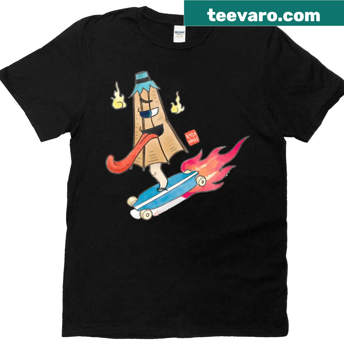 Illustration of Kasa Obake surfing on a longboard — on a men's t-shirt