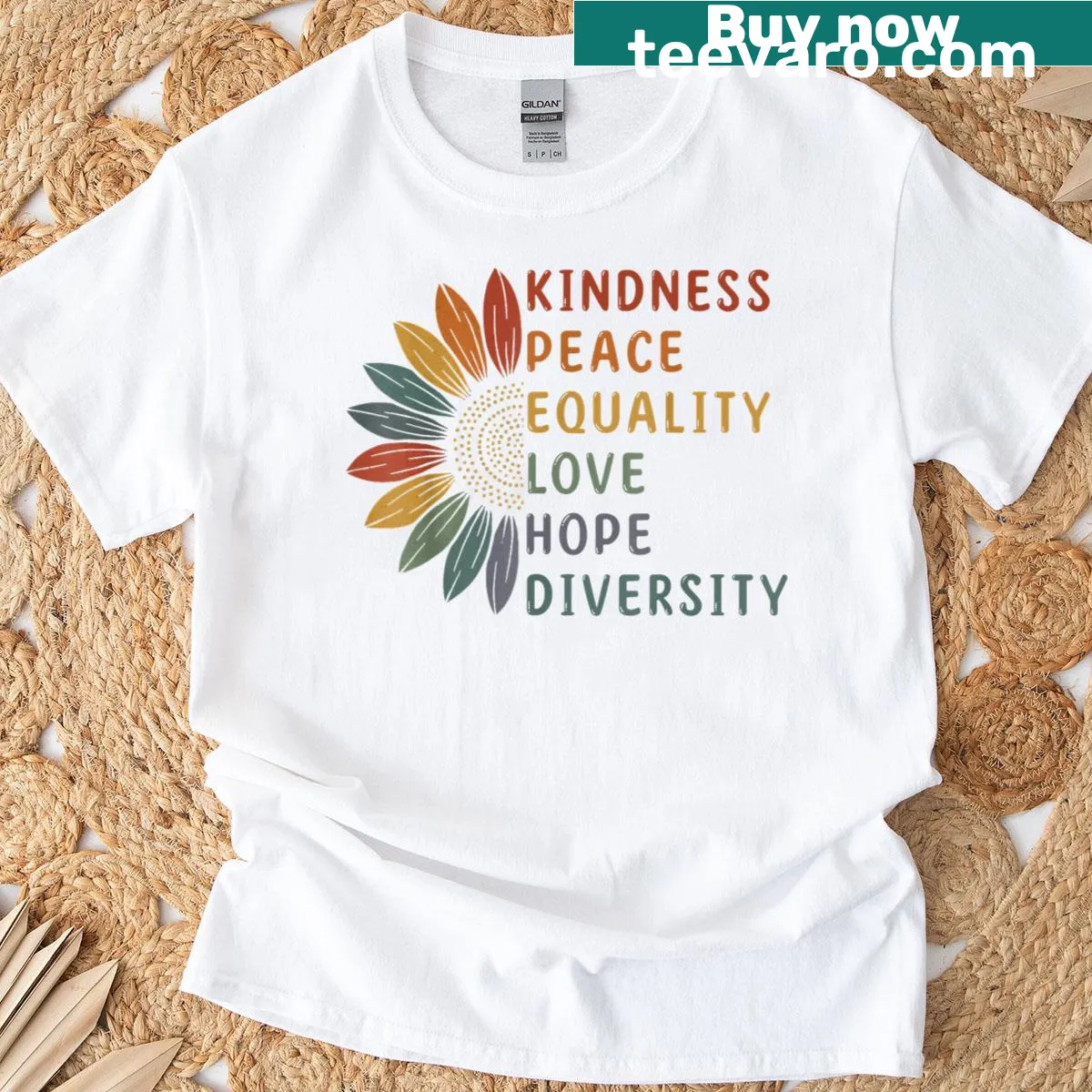 Floral-themed t-shirt promoting kindness, peace, and love — on a men's t-shirt