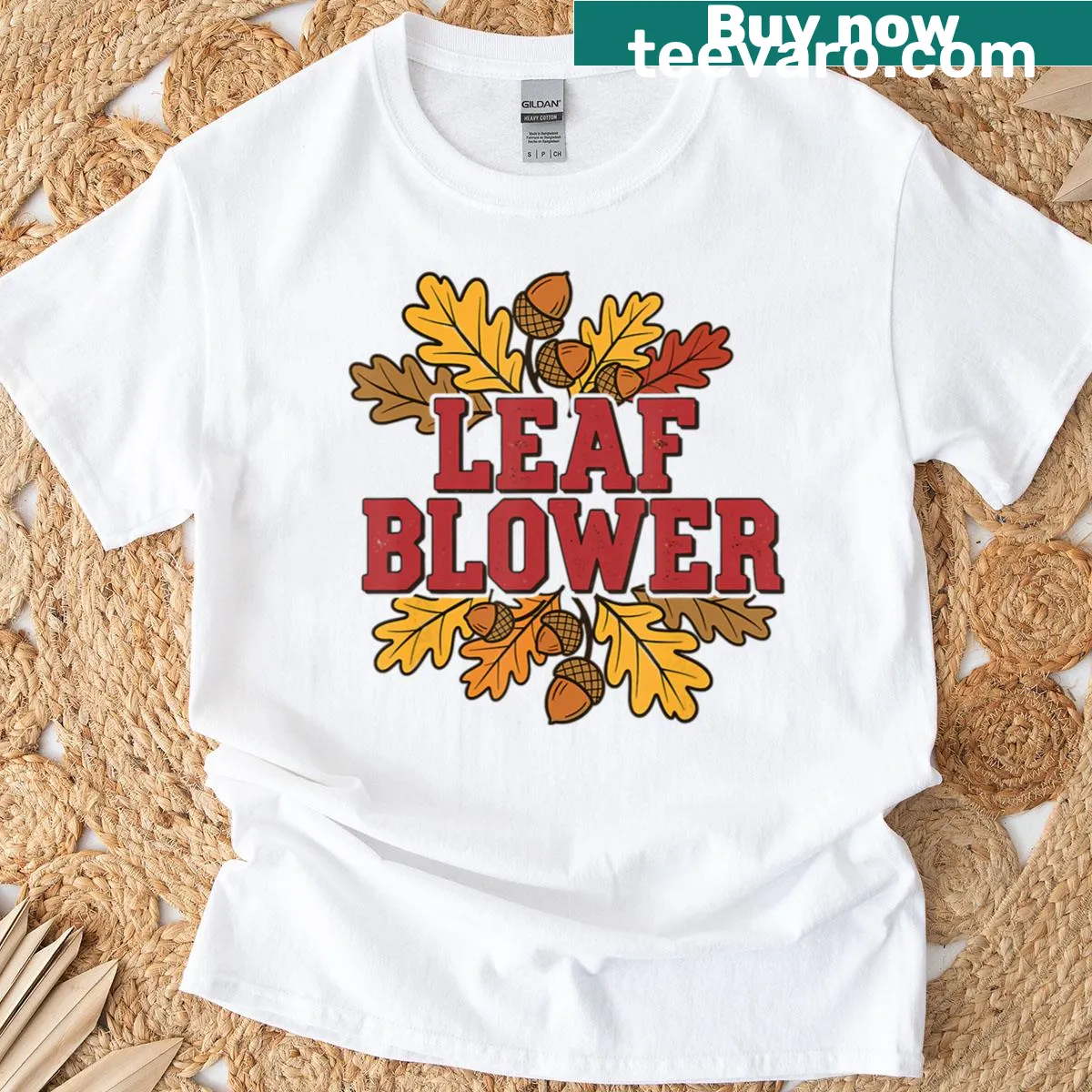 Vintage-style autumn-themed T-shirt with blower graphic and funny text — on a men's t-shirt