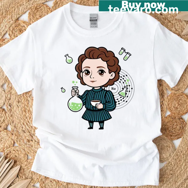 Cute cartoon T-shirt of Marie Curie with science elements