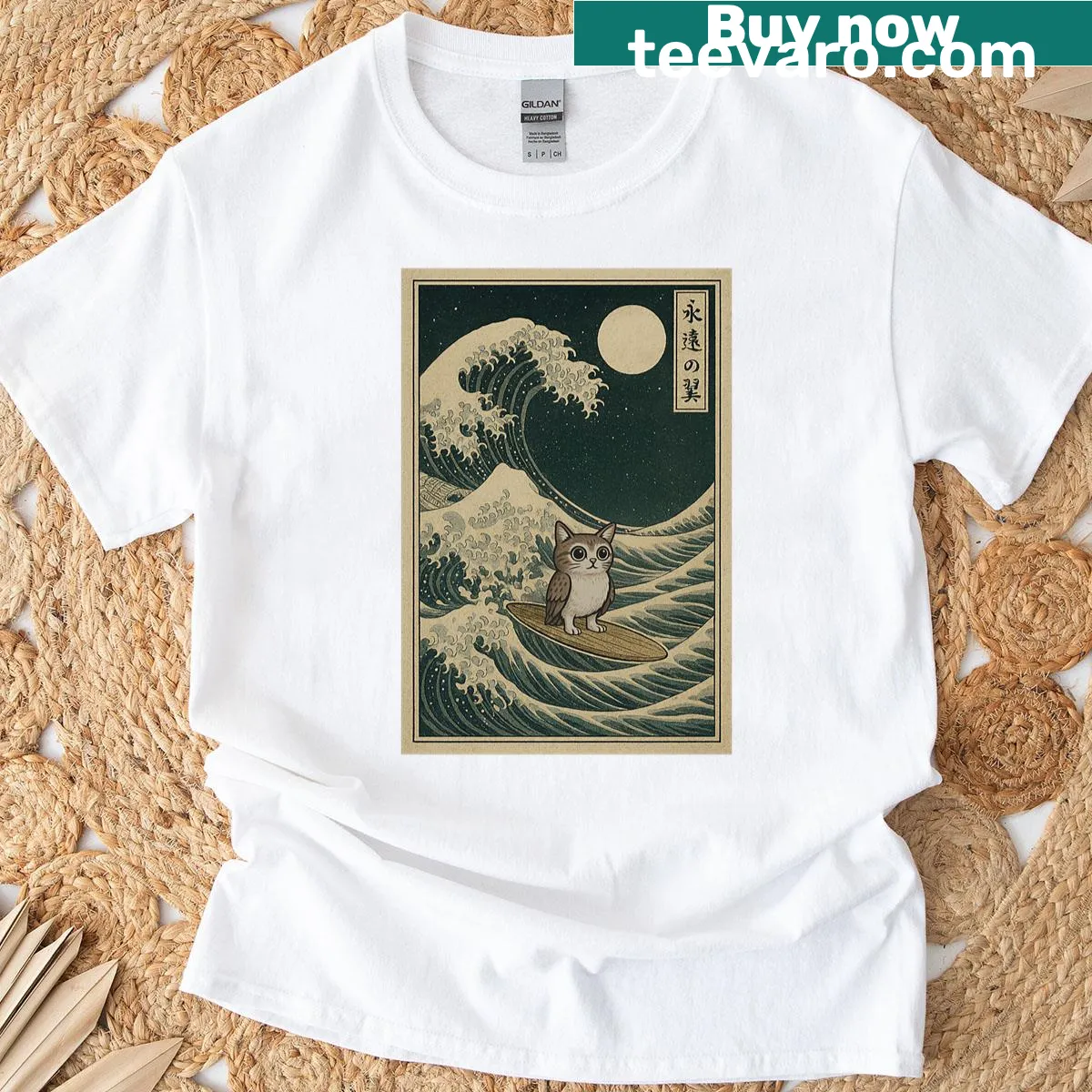 Kids T-shirt with a cartoon cat owl graphic inspired by the Great Wave Off Kanagawa — on a men's t-shirt