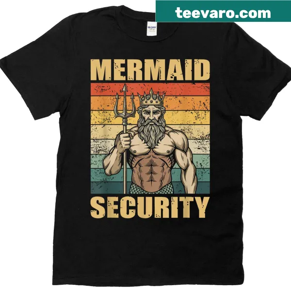 Retro Mermaid Security Funny Dad t-shirt with playful design.
