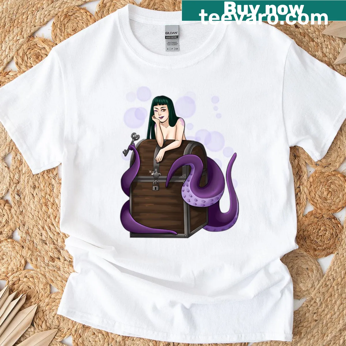 Mermaid themed T-shirt featuring treasure and fantasy elements — on a men's t-shirt