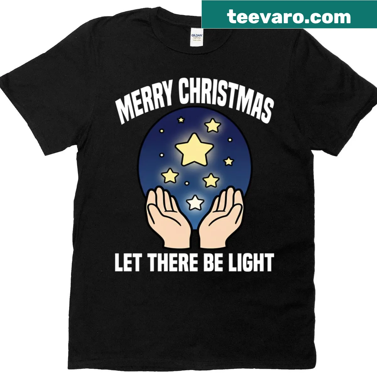 Christmas T-shirt with the message 'Let There Be Light' printed on it — on a men's t-shirt