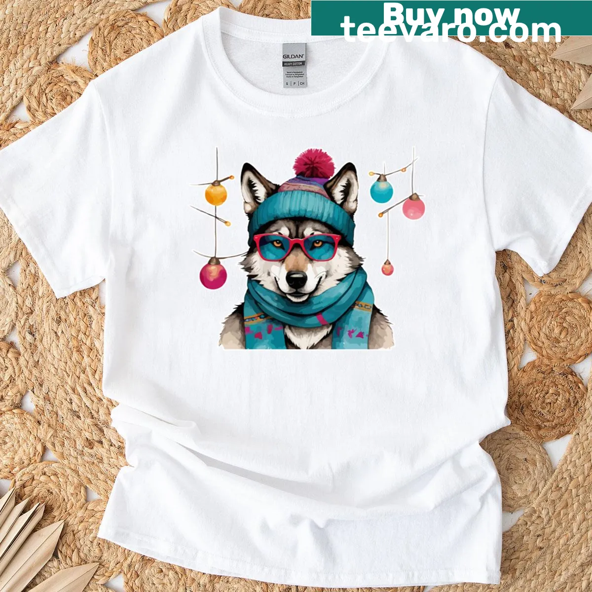 Funny Christmas wolf t-shirt with glasses and a Santa hat — on a men's t-shirt