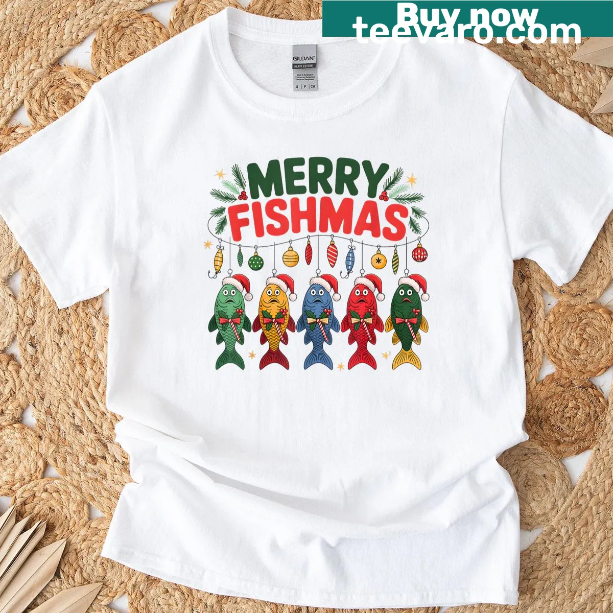Funny Fishmas t-shirt with a fishing-themed design — on a men's t-shirt