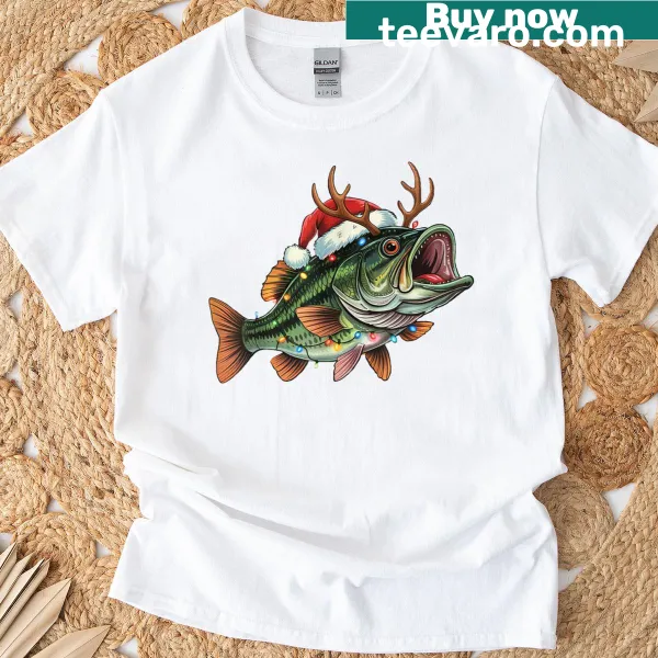 Funny Christmas t-shirt with Santa fishing and Merry Fishmas text