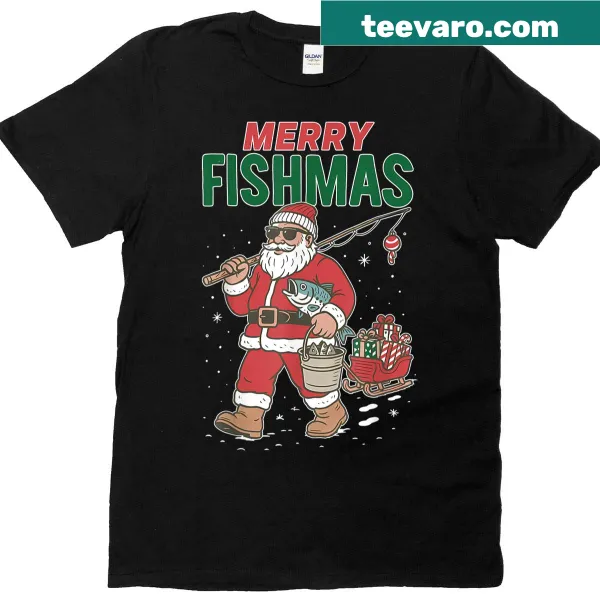 Funny Christmas Fisherman t-shirt with Santa and Merry Fishmas text