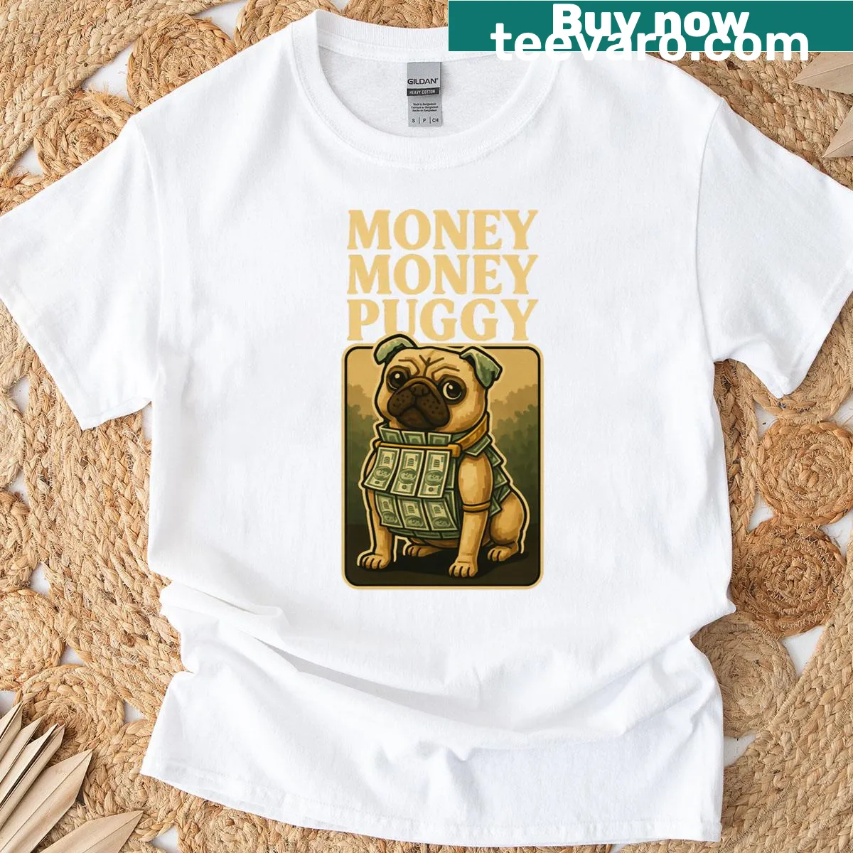 Funny pug-themed tee featuring the 'Money Money Puggy' meme. — on a men's t-shirt
