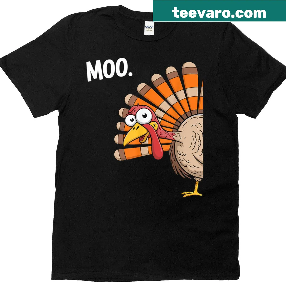 Funny T-shirt featuring a cartoon turkey with Moo text — on a men's t-shirt