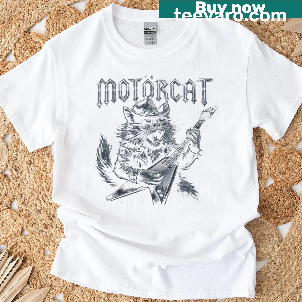 Funny rock cat illustration t-shirt for music and cat lovers — on a men's t-shirt