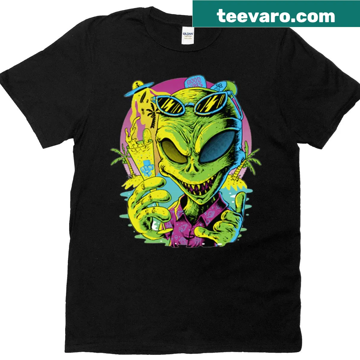 Cartoon T-shirt featuring a neon alien and flowers design — on a men's t-shirt