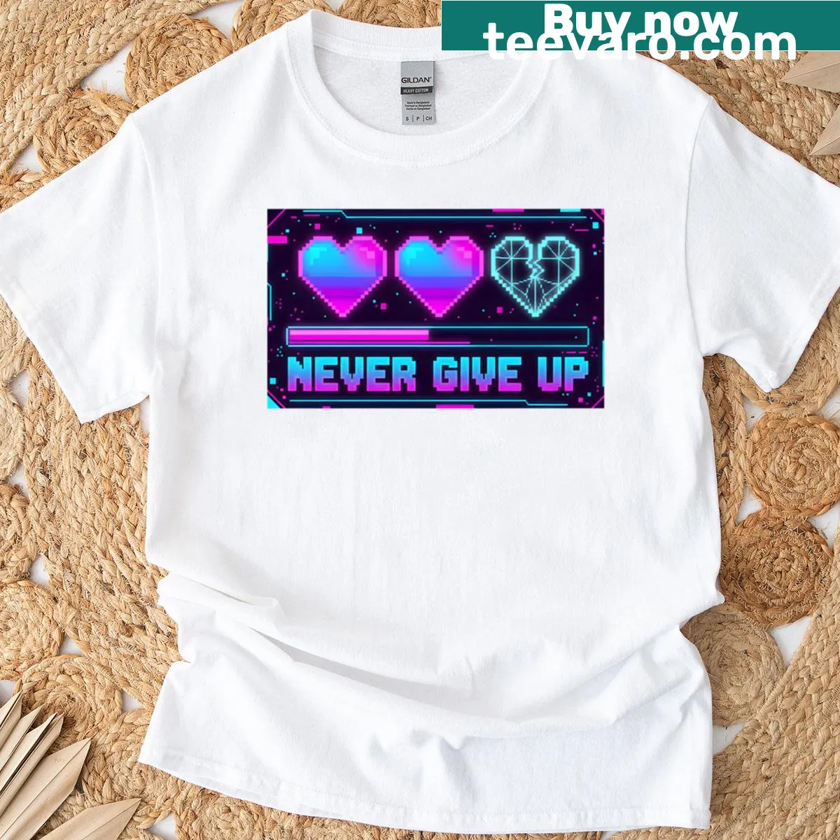 Retro pixel heart design t-shirt with motivational gamer message — on a men's t-shirt