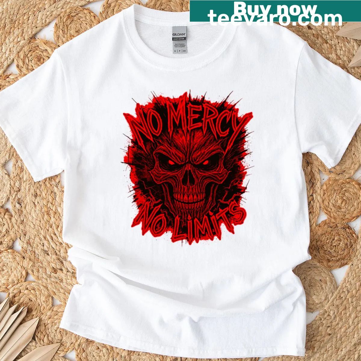 Skull graphic t-shirt with the phrase 'No Mercy No Limits' — on a men's t-shirt
