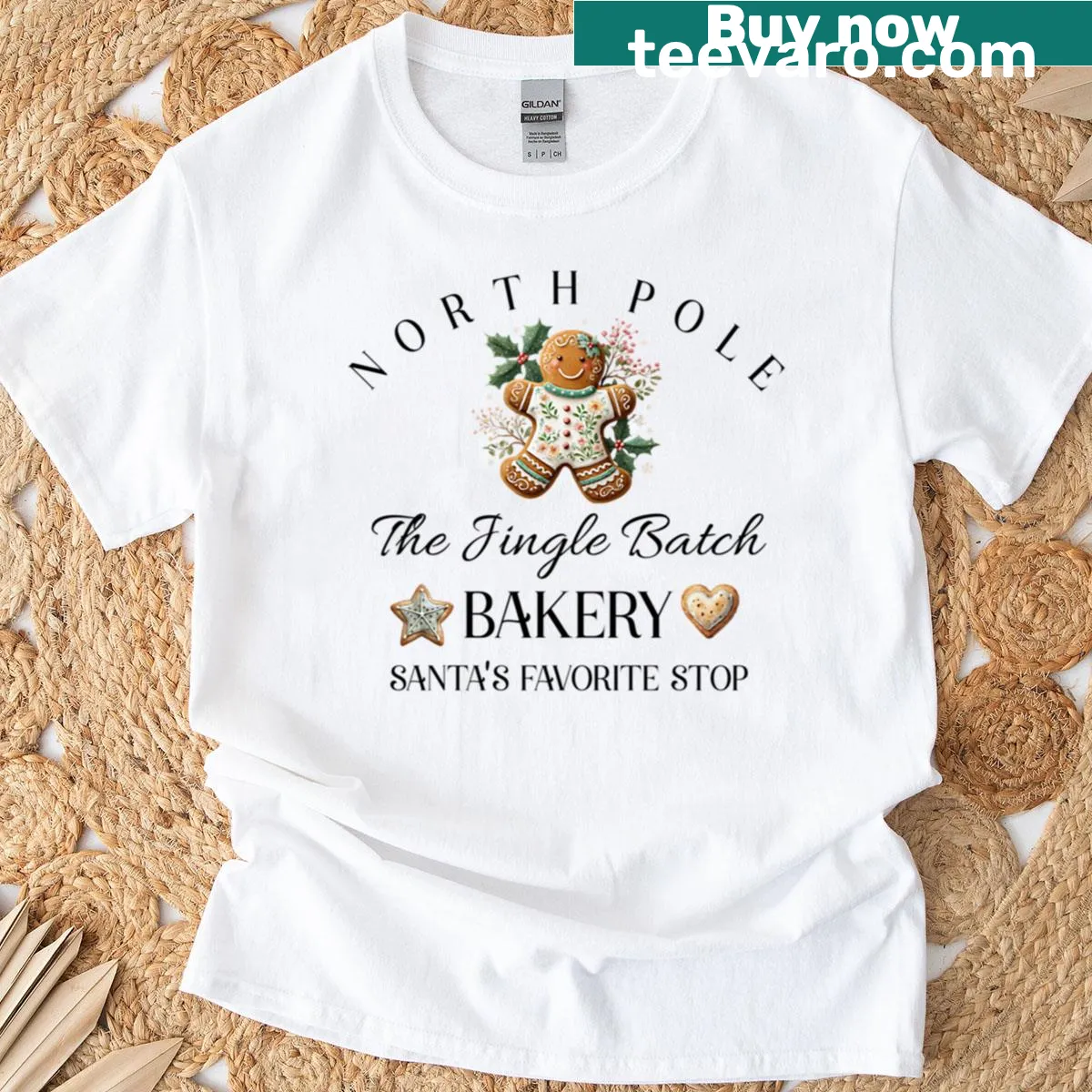 Whimsical illustration of a bakery in a winter setting on a t-shirt — on a men's t-shirt