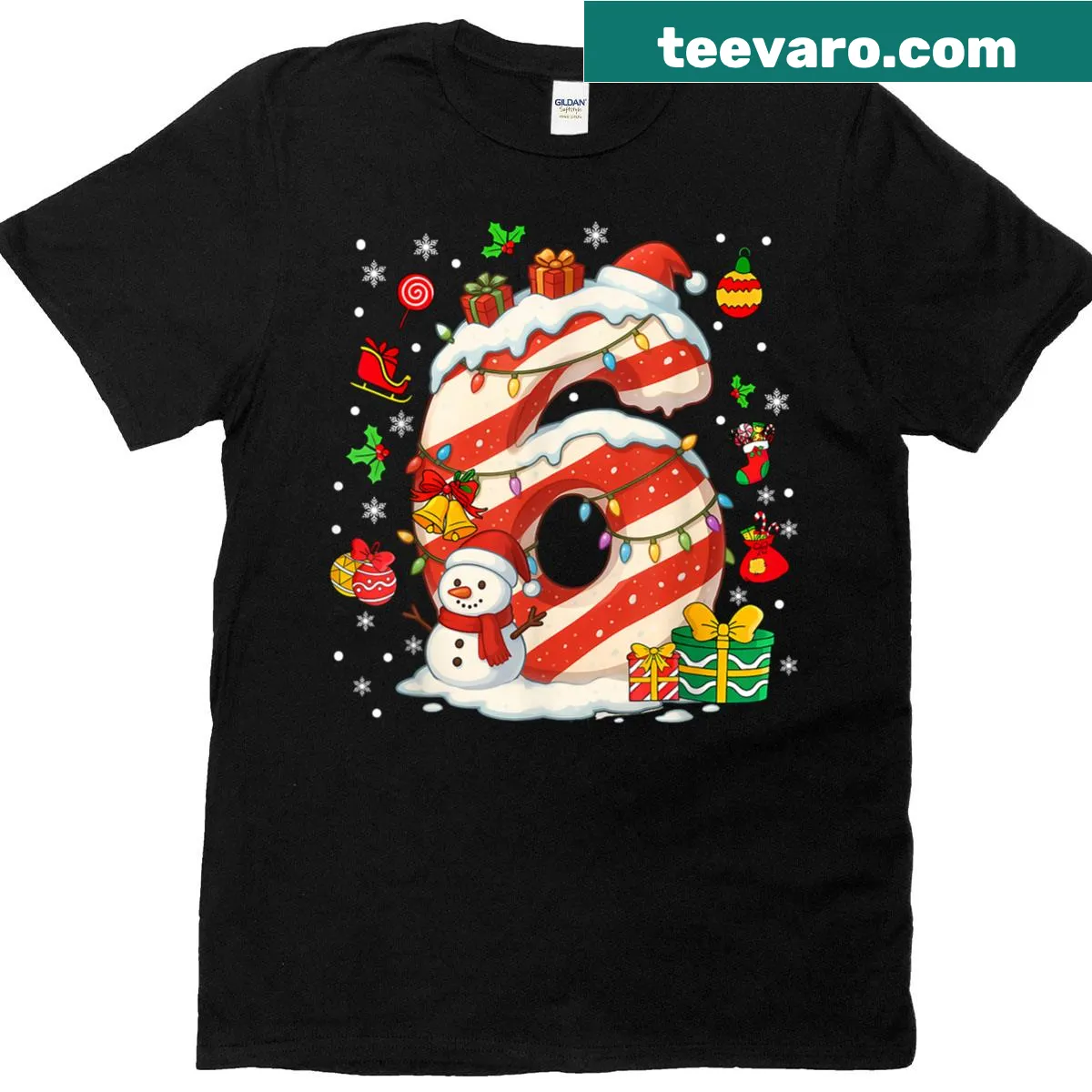 Matching Christmas couples t-shirt with Number 67 and candy theme — on a men's t-shirt
