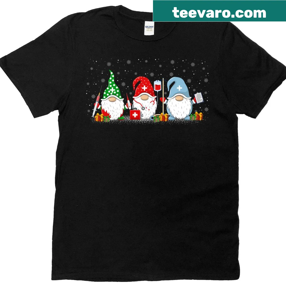 Nurse-themed Christmas T-shirt featuring gnomes. — on a men's t-shirt