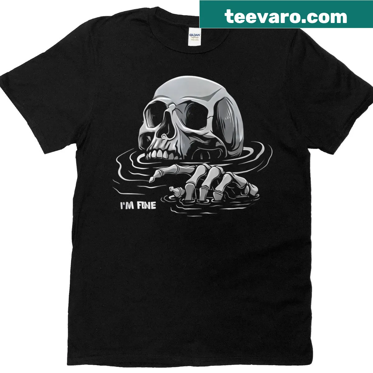 Cartoon drowning skeleton with text humor graphic T-shirt — on a men's t-shirt