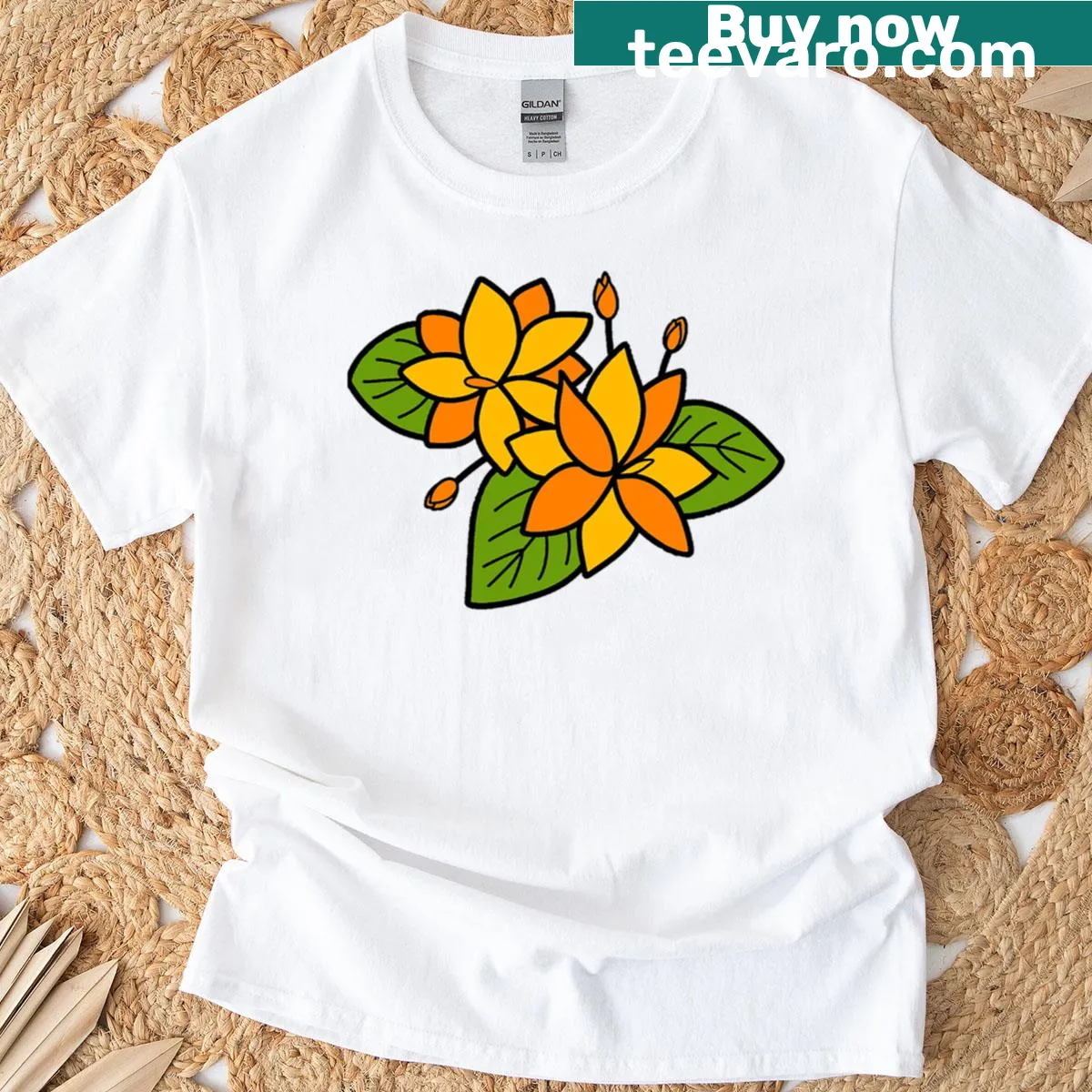 Floral illustration featuring an orange flower on a t-shirt — on a men's t-shirt