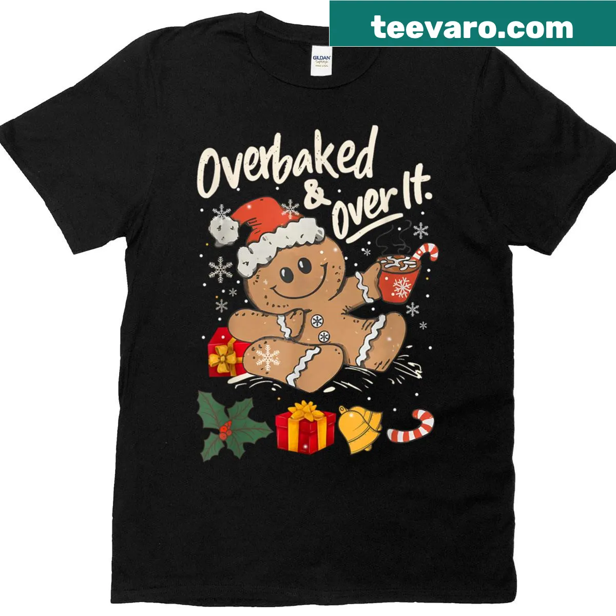Funny Christmas t-shirt with overbaked gingerbread cookie design — on a men's t-shirt