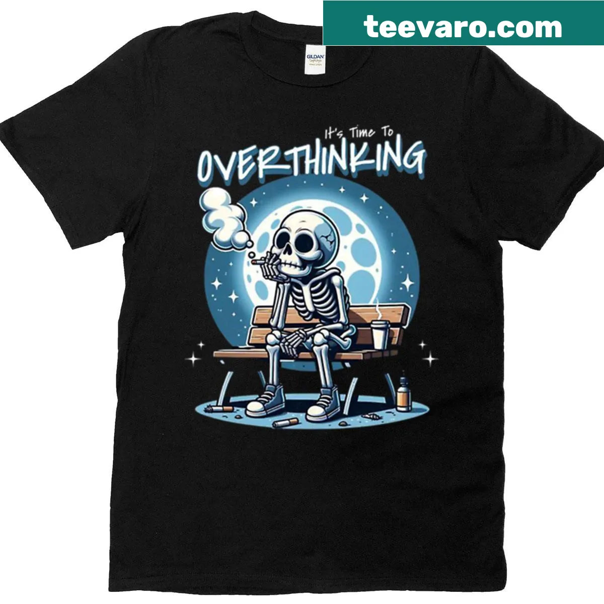 Edgy T-shirt featuring an illustration of a skeleton thinking — on a men's t-shirt