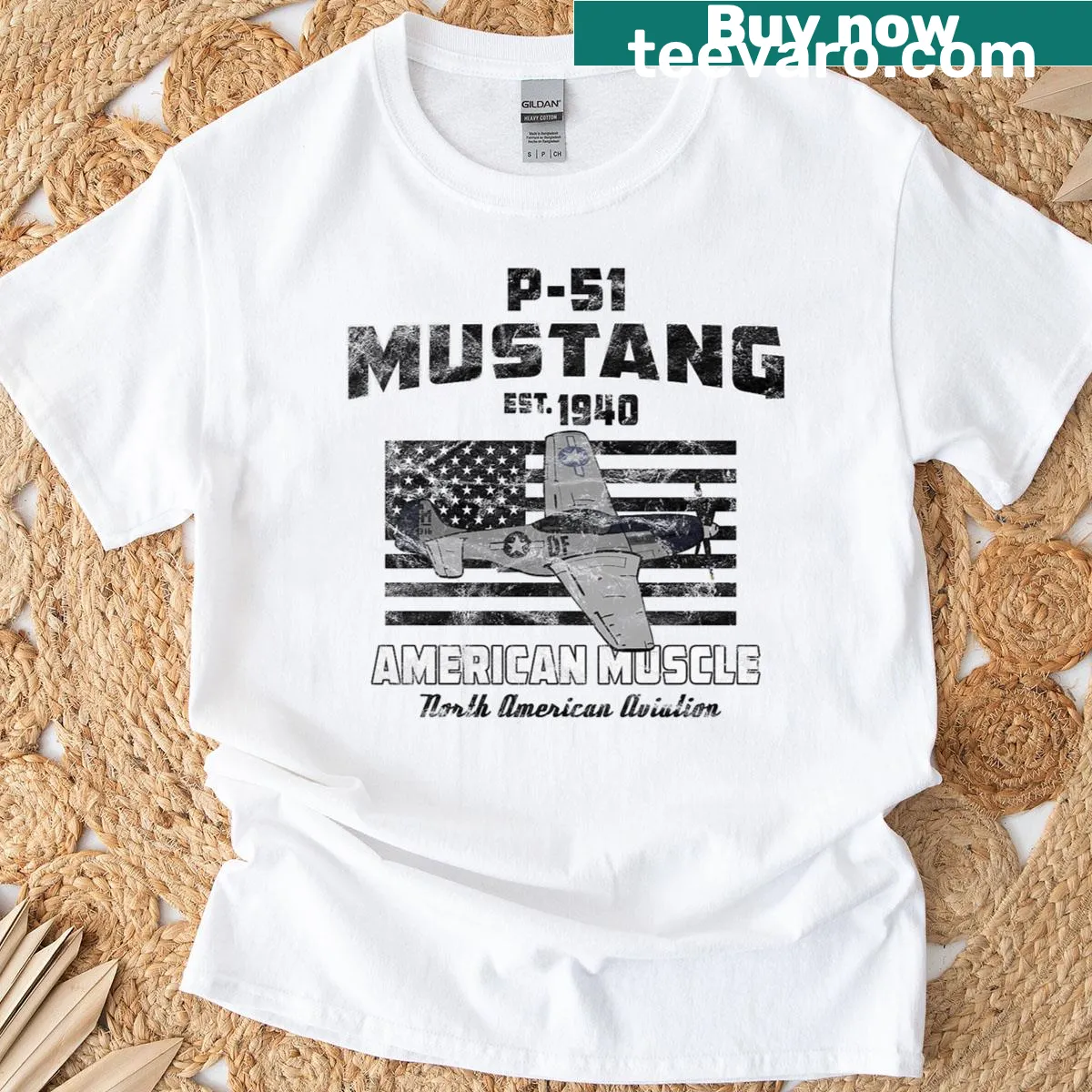 Distressed graphic of P-51 Mustang WWII plane T-shirt — on a men's t-shirt
