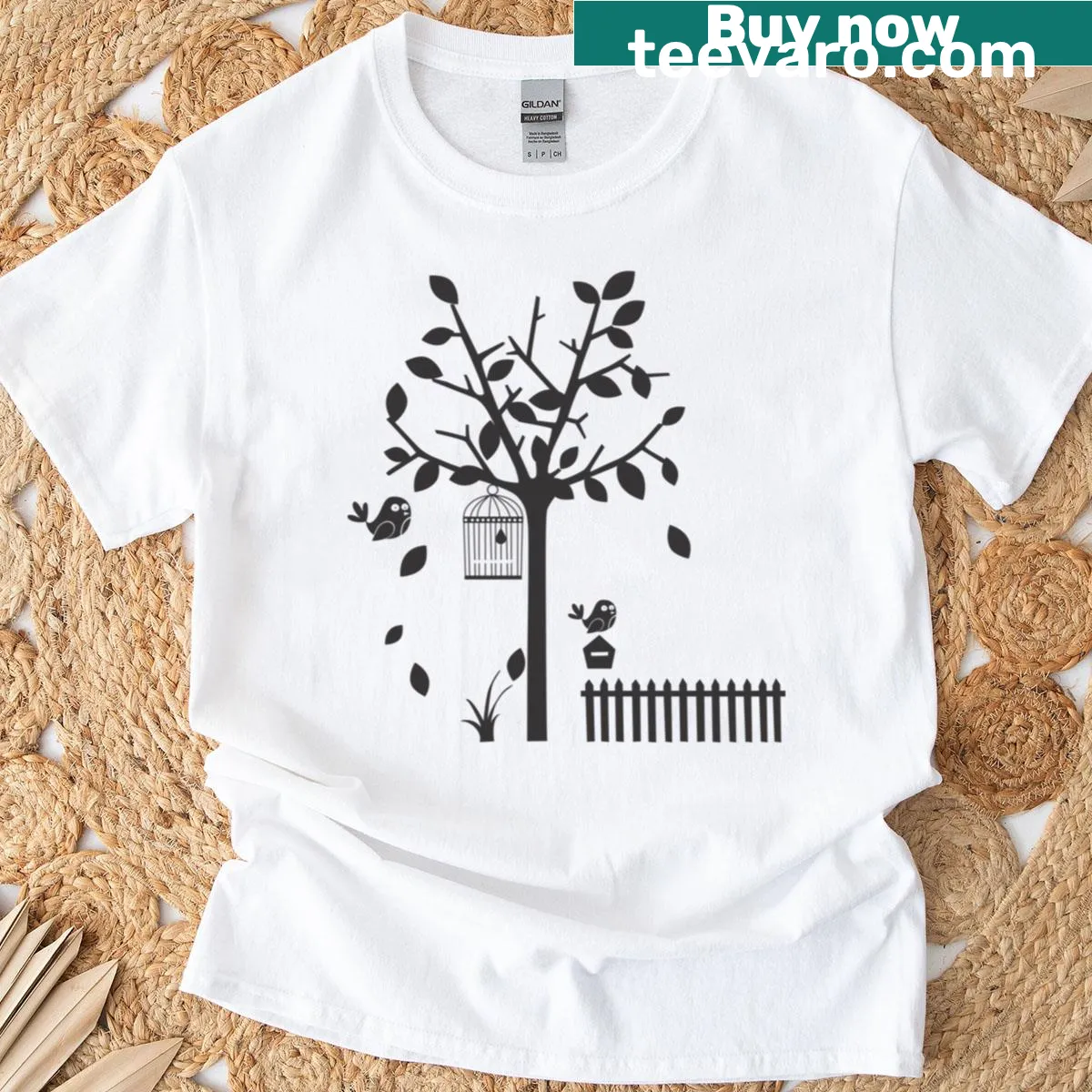 Illustration of a peaceful garden scene on a T-shirt, evoking serenity. — on a men's t-shirt