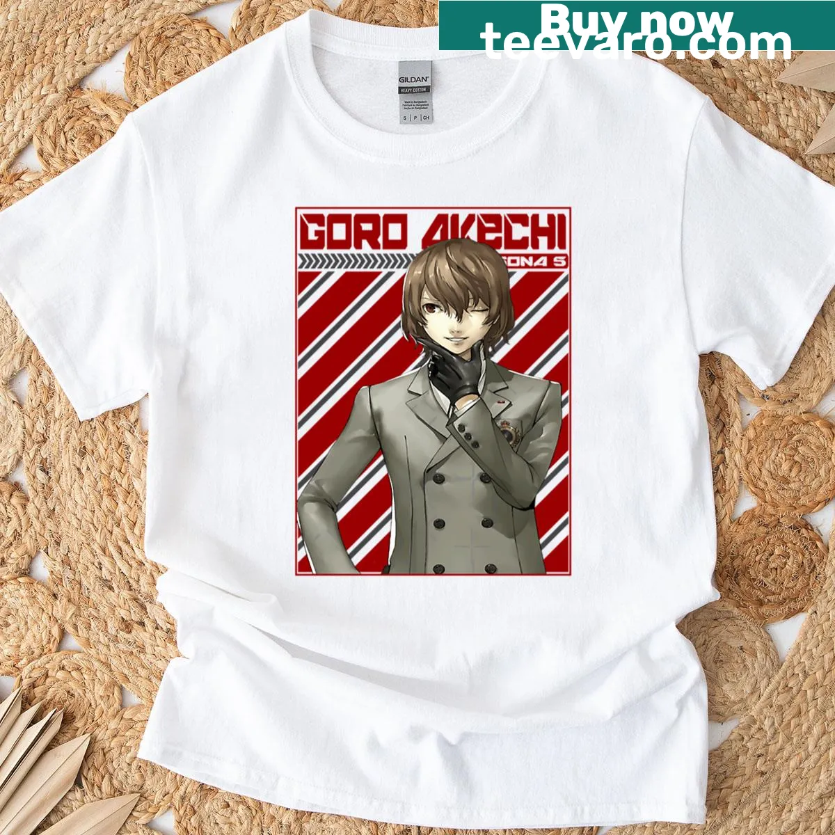 Graphic T-shirt featuring Goro Akechi from Persona series — on a men's t-shirt