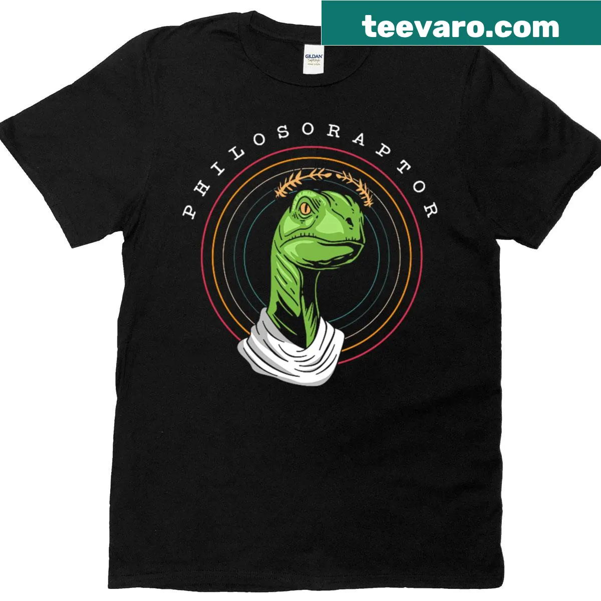 Philosoraptor dinosaur graphic with humorous philosophical text — on a men's t-shirt
