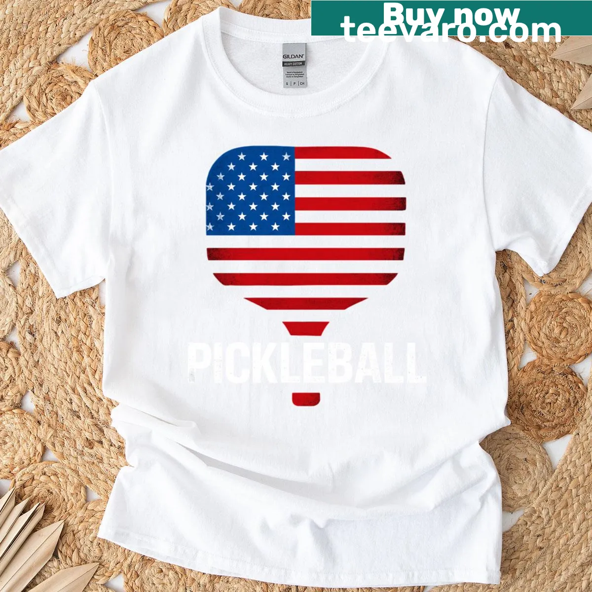 Sarcastic pickleball player t-shirt with paddleball and US flag graphic — on a men's t-shirt