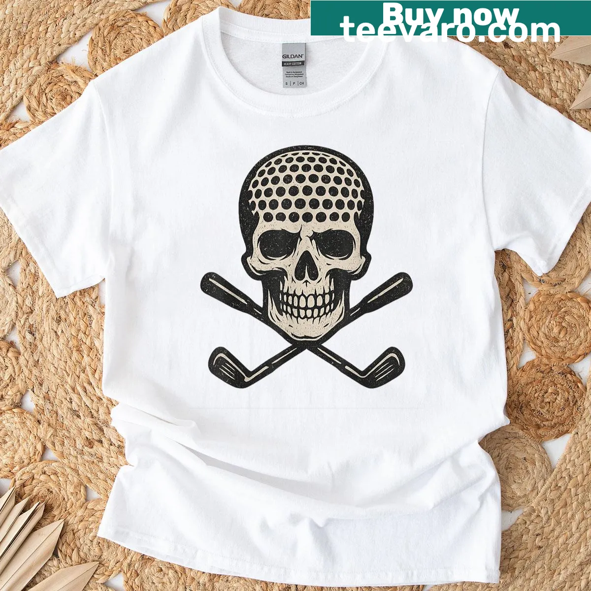 Vintage pirate skull and golf ball graphic T-shirt — on a men's t-shirt