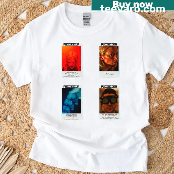Illustrated shirt featuring various playful stickers.