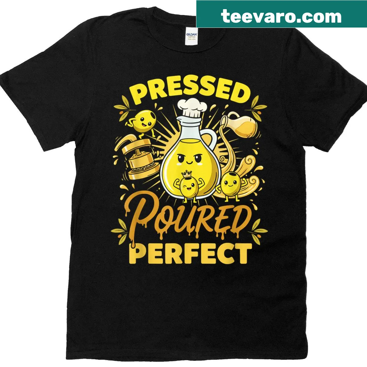 Funny vegan food lover t-shirt with olive oil pun — on a men's t-shirt