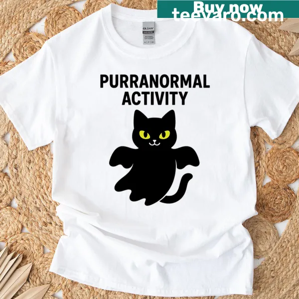 Humorous T-shirt featuring a black cat and ghostly illustrations