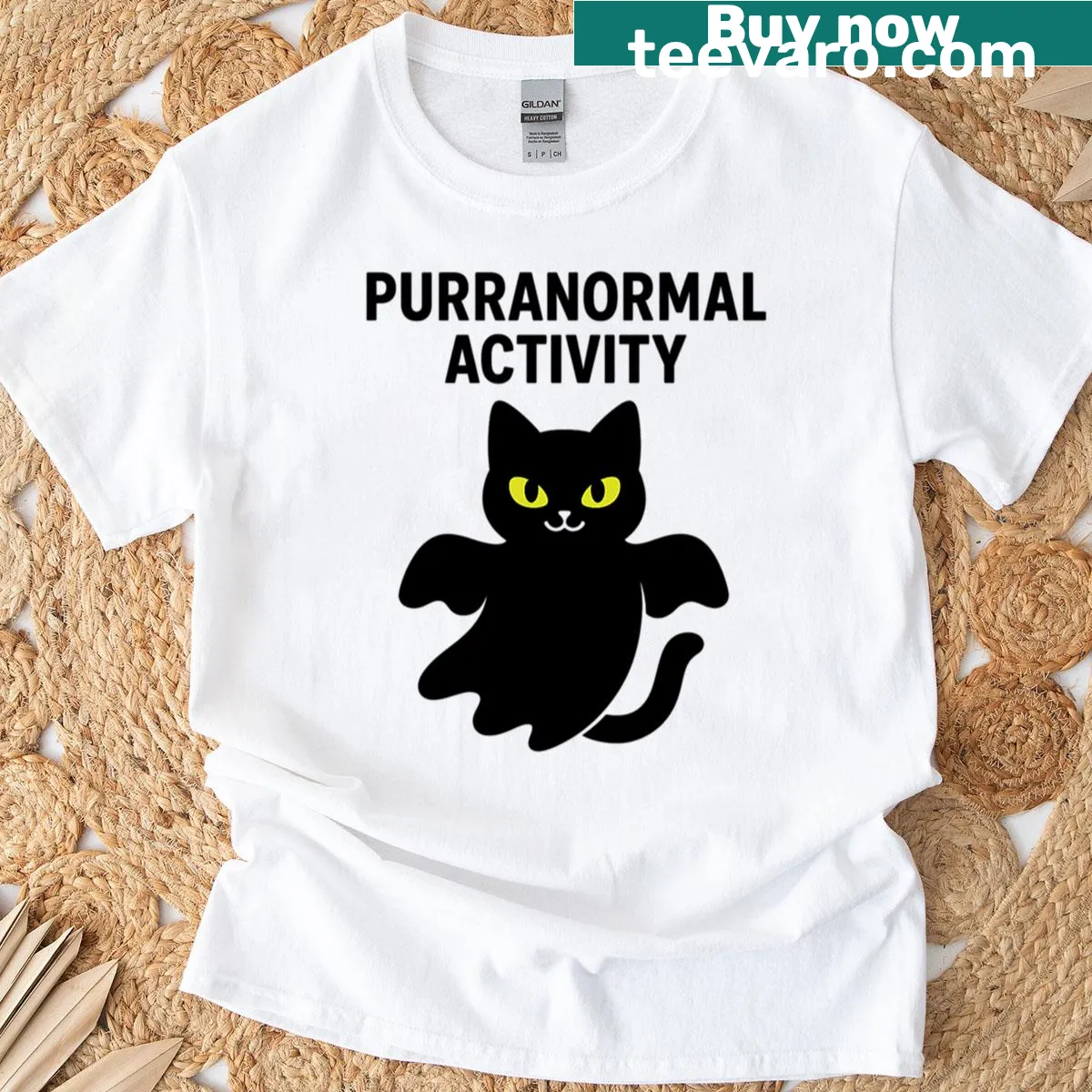 Humorous T-shirt featuring a black cat and ghostly illustrations — on a men's t-shirt