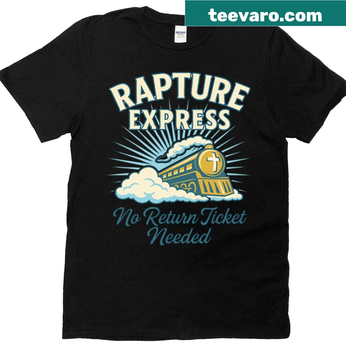 Funny Christian t-shirt with Rapture Express text — on a men's t-shirt