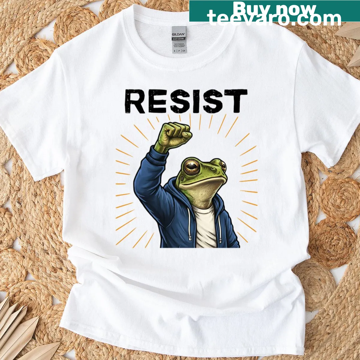 Illustration of a frog symbolizing resistance in a protest graphic. — on a men's t-shirt
