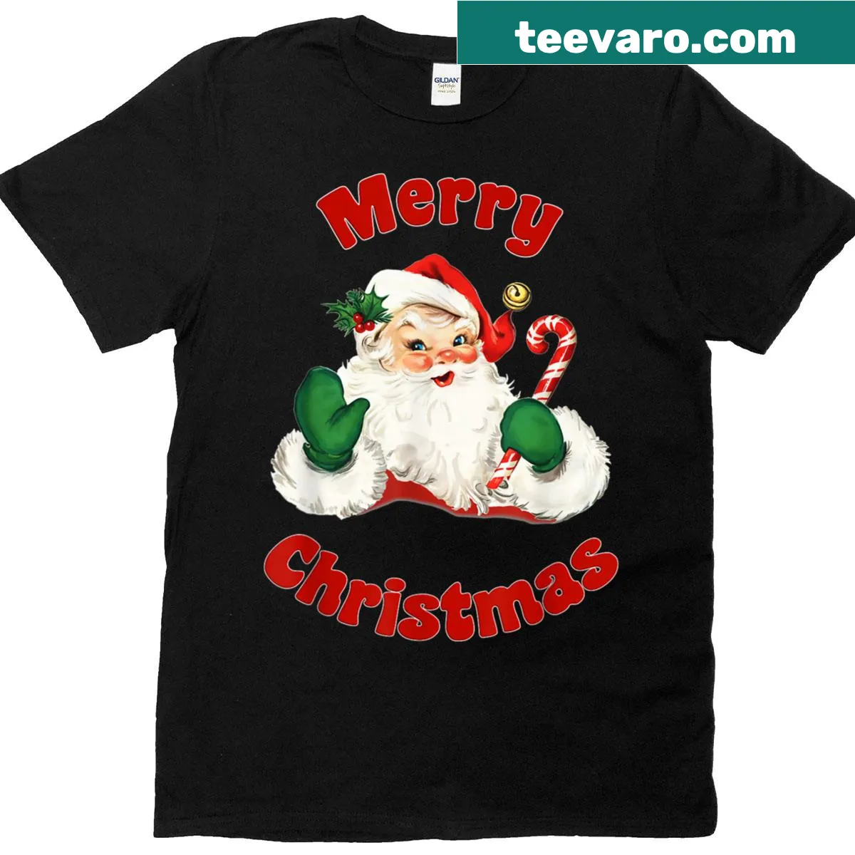Vintage Christmas t-shirt with rosy cheek Santa design — on a men's t-shirt