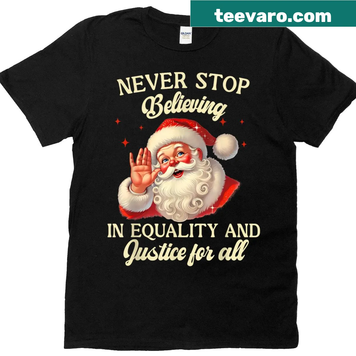 Retro Santa design with text promoting equality and justice — on a men's t-shirt