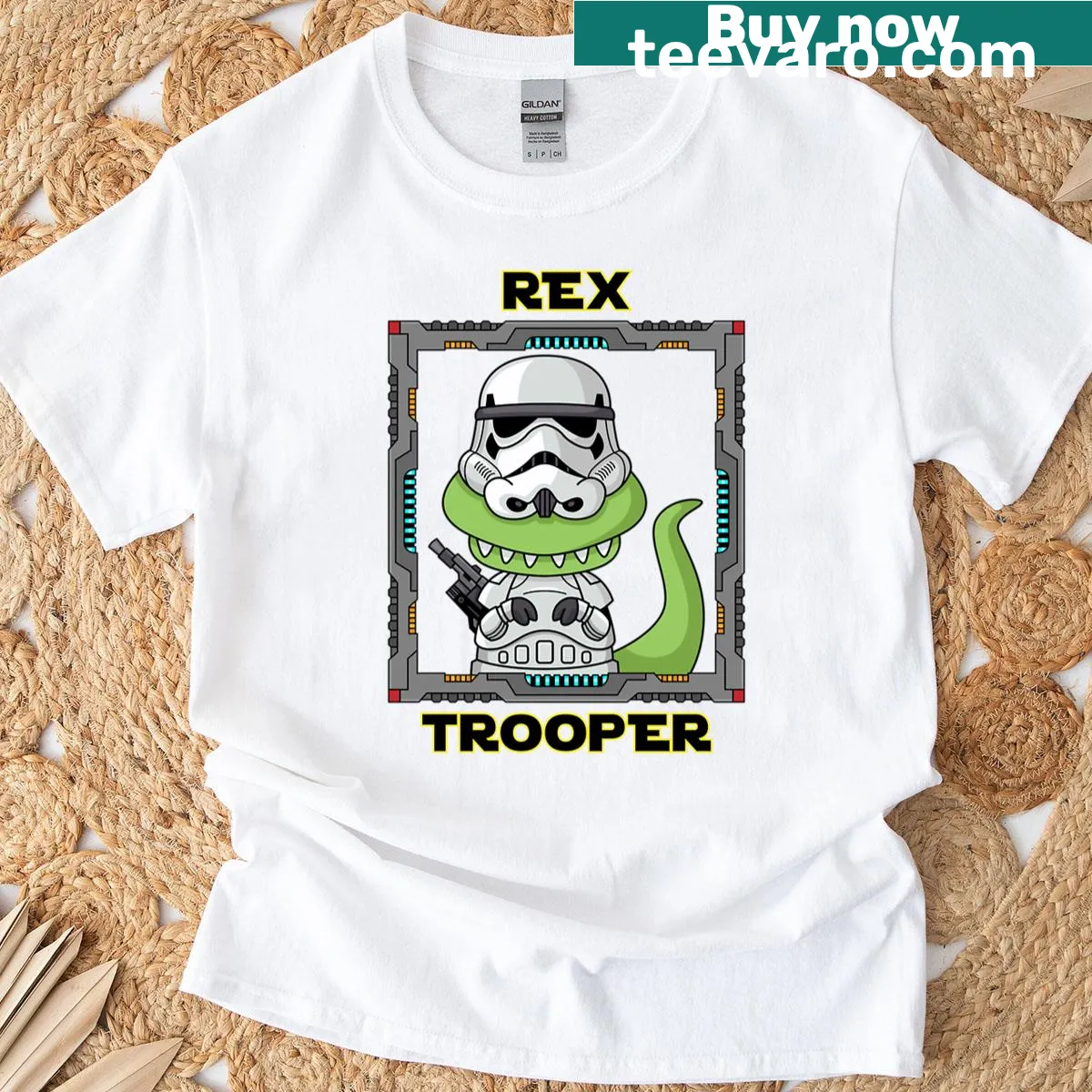 Playful t-shirt featuring a dinosaur in a futuristic style — on a men's t-shirt