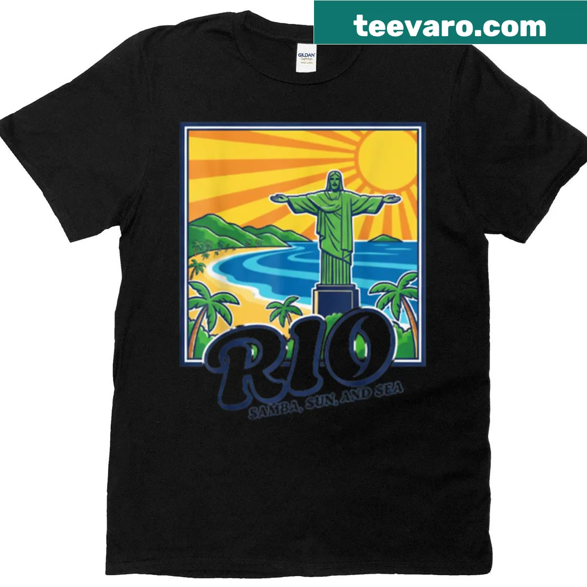 Travel-themed t-shirt with Rio Samba design — on a men's t-shirt