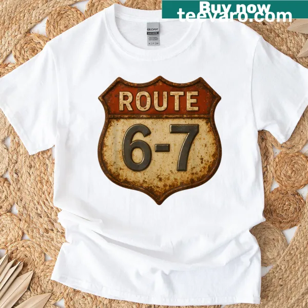 Vintage Route 6-7 sign graphic on a T-shirt