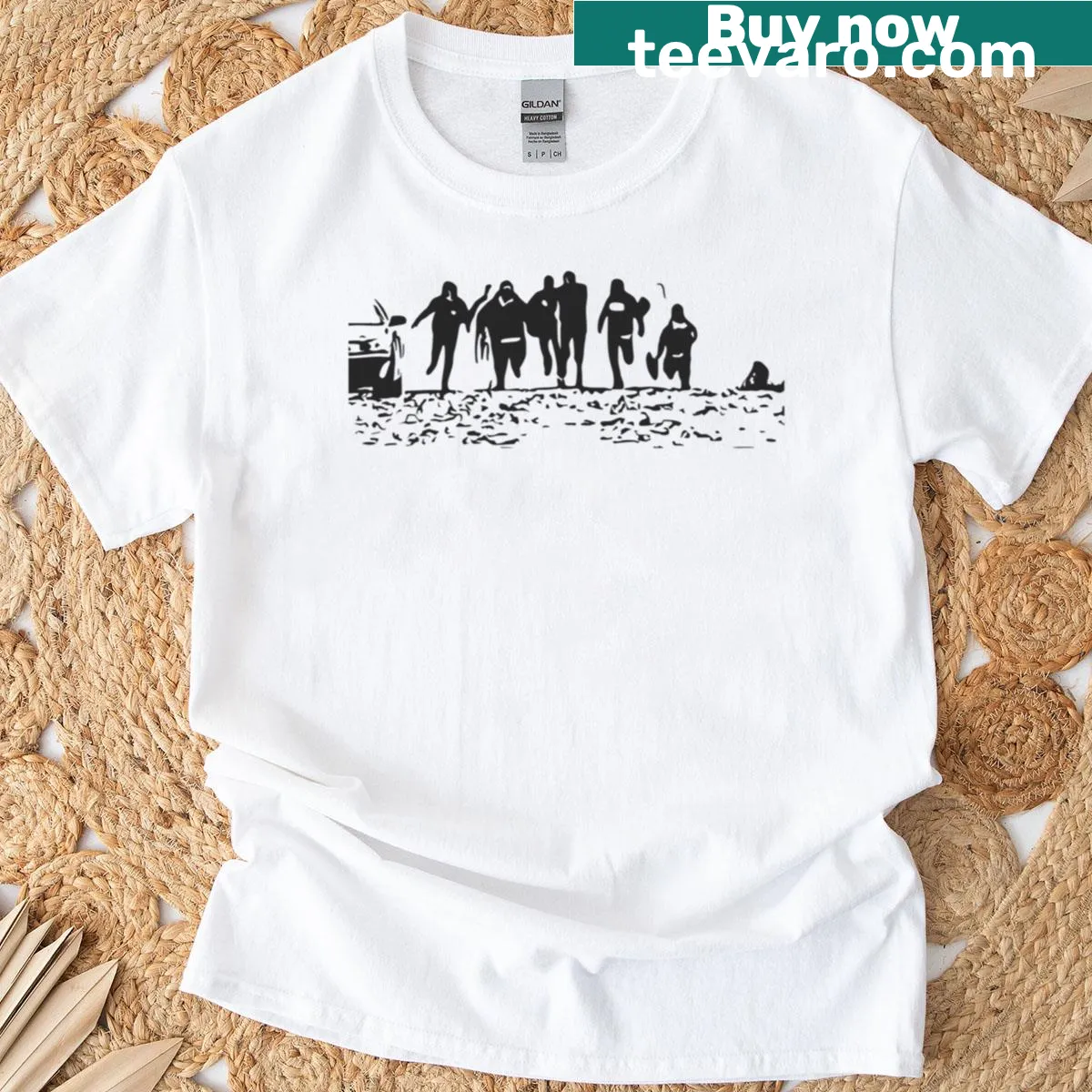Black silhouette of a person running from a bull, inspired by Jackass 2. — on a men's t-shirt